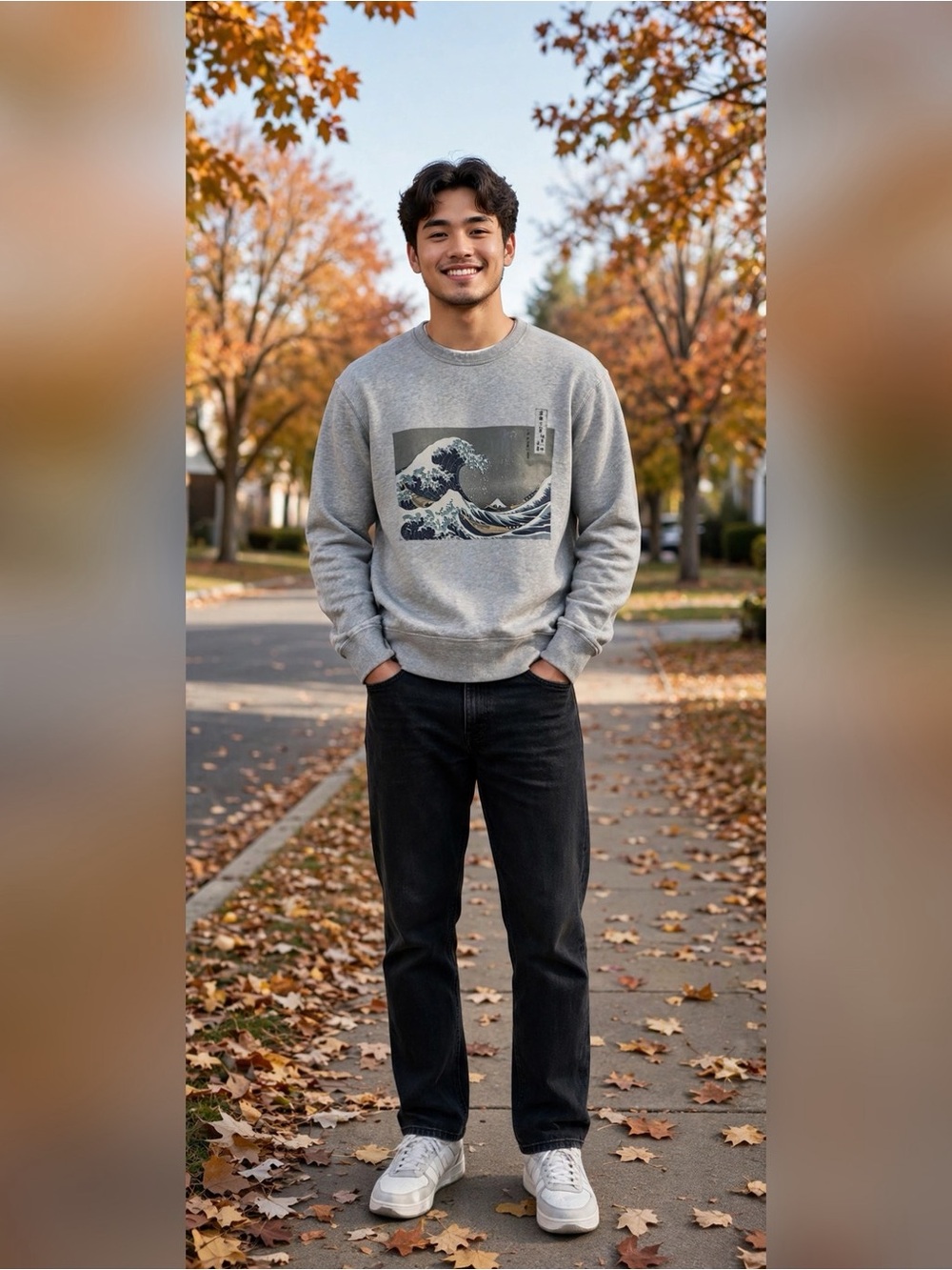 Uniqlo UT Hokusai Great Wave Crewneck Sweatshirt Small Gray Japanese Art Pullove